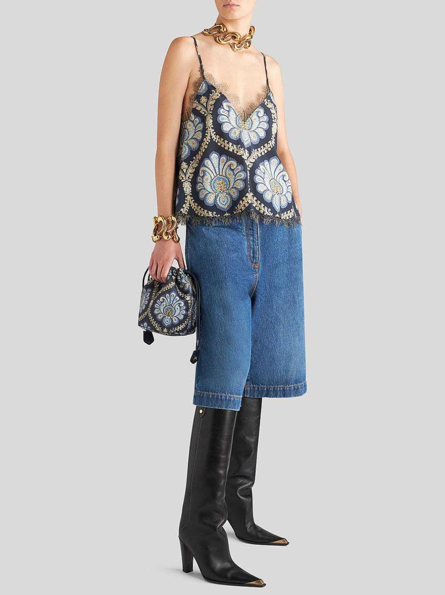 ETRO Bedrucktes Seidentop Mit Spitzendetails Navy Blau Oberteile