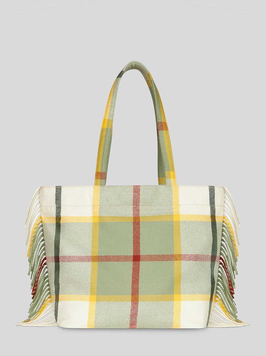 ETRO Grose, Karierte, Weiche Trotter-Tragetasche Aus Jacquard Mit Fransen Hellblau Einkaufstuten