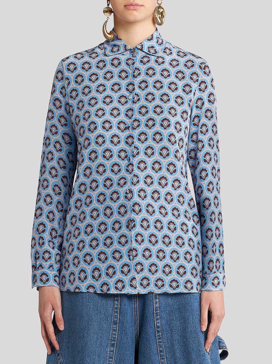 ETRO Bedrucktes Seidenhemd Hellblau Hemden Und Blusen