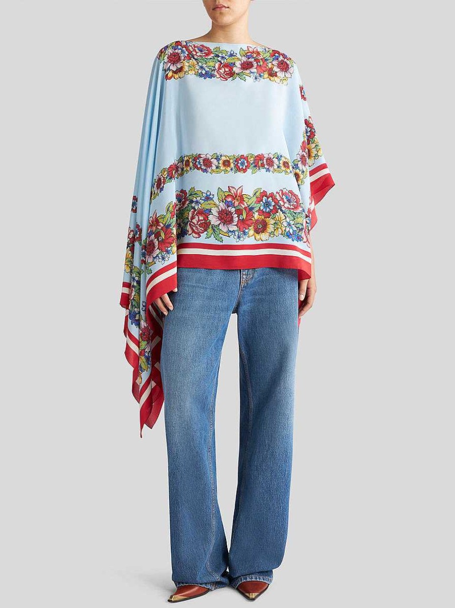 ETRO Bedruckter Seidenponcho Hellblau Umhange Und Ponchos
