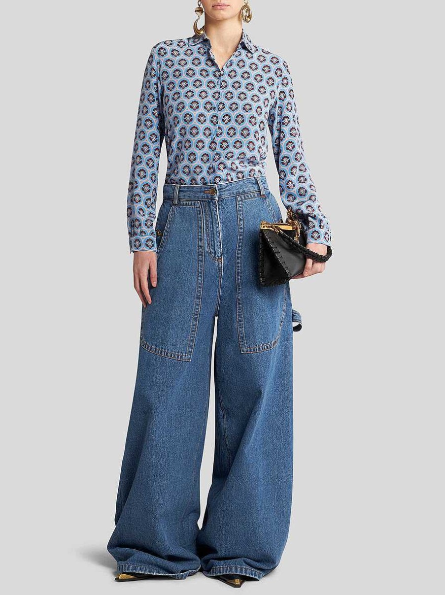 ETRO Bedrucktes Seidenhemd Hellblau Hemden Und Blusen