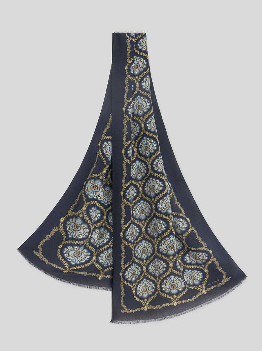 ETRO Bedruckter Seidenschal Navy Blau Schals