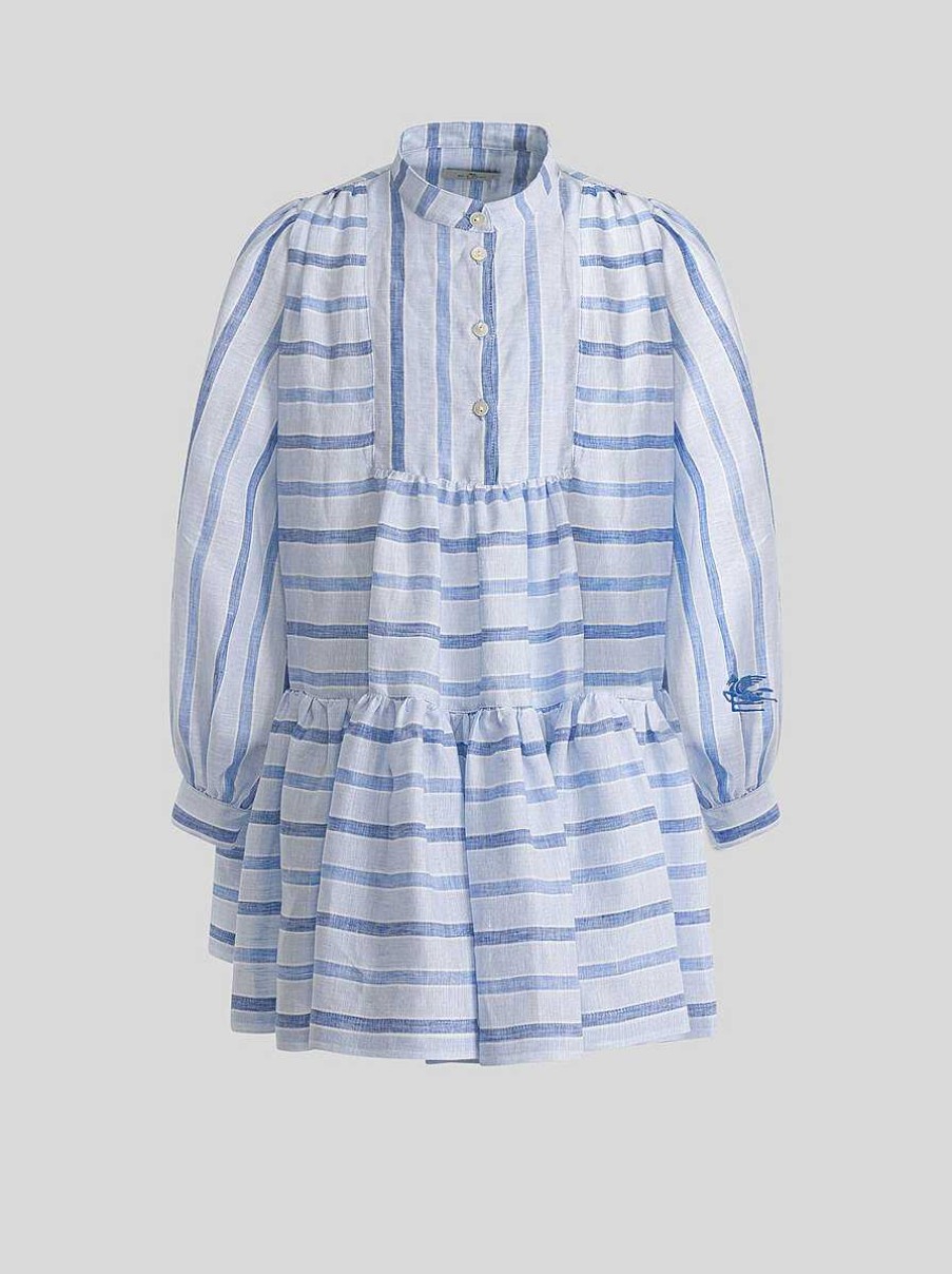 ETRO Gestreiftes Leinenkleid Fur Kinder Navy Blau Kleider