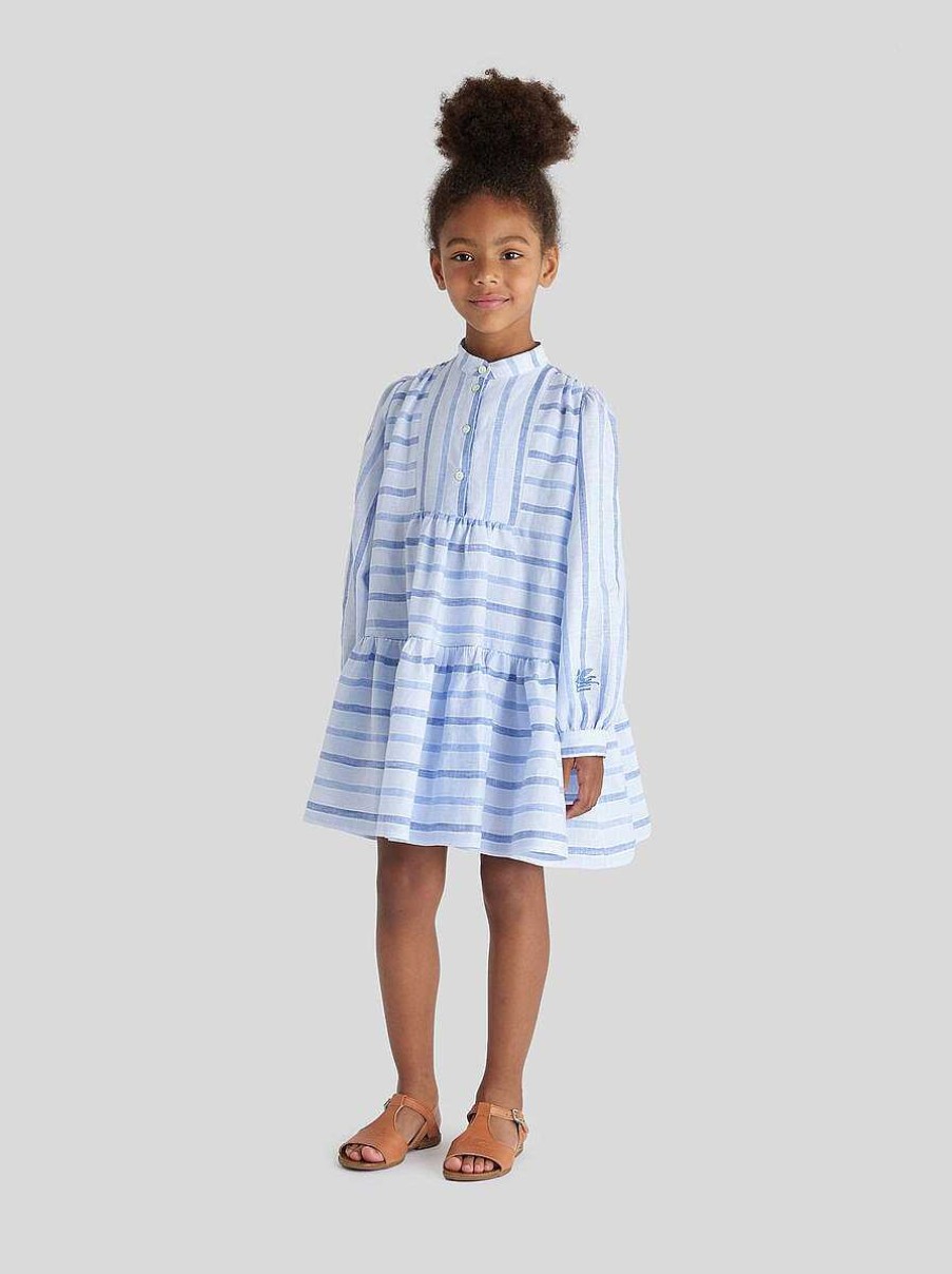 ETRO Gestreiftes Leinenkleid Fur Kinder Navy Blau Kleider