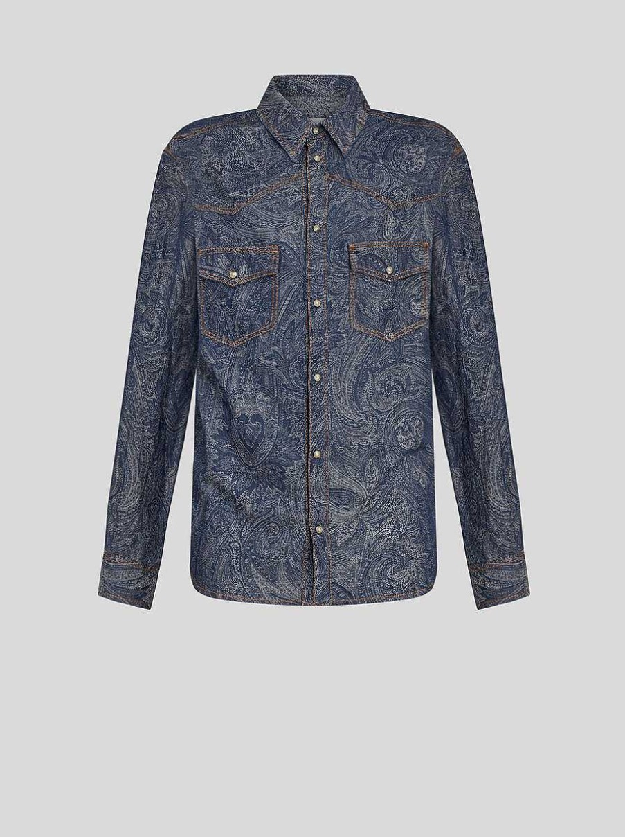 ETRO Paisley-Jeanshemd Navy Blau Denim