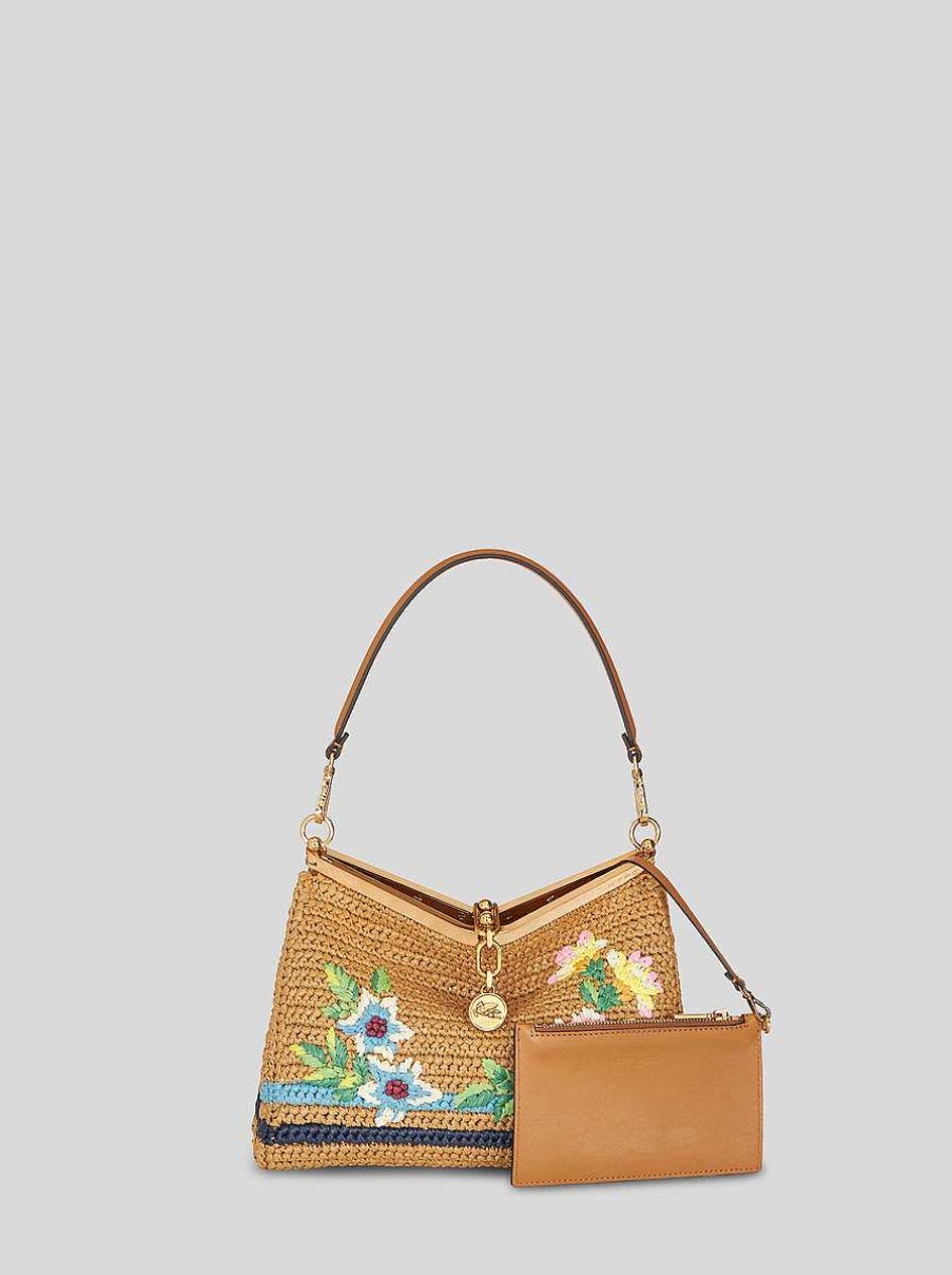 ETRO Mittelgrose Vela-Tasche Aus Raffiabast Mit Stickerei Hellbraun Vela
