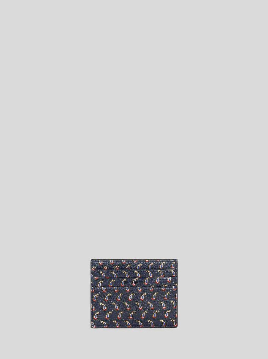 ETRO Kartenetui Aus Micro-Paisley-Leder Mit Pegaso Navy Blau Geldborsen Und Kreditkartenetui