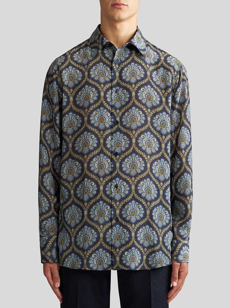 ETRO Bedrucktes Seidenhemd Navy Blau Hemden