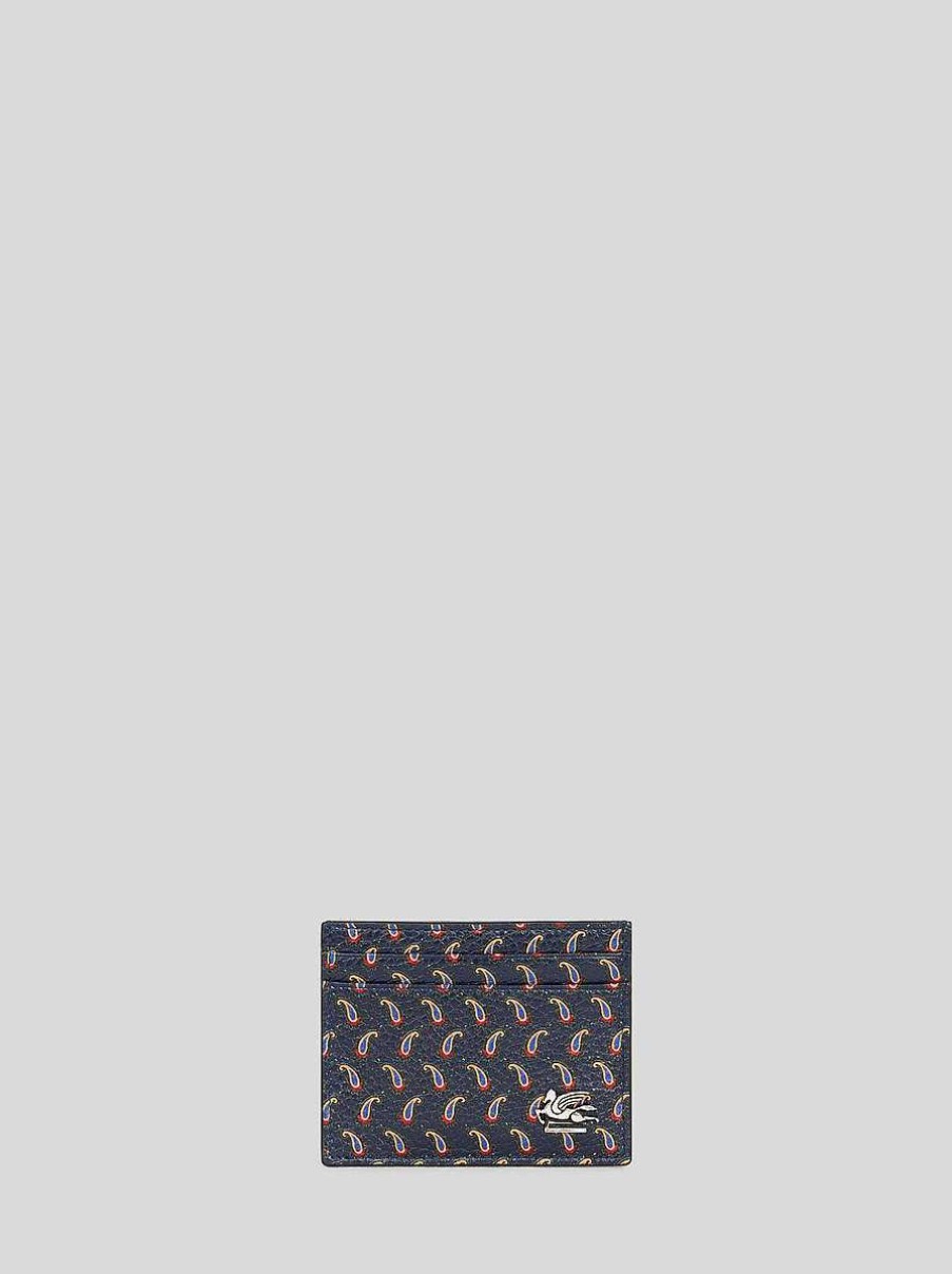 ETRO Kartenetui Aus Micro-Paisley-Leder Mit Pegaso Navy Blau Geldborsen Und Kreditkartenetui
