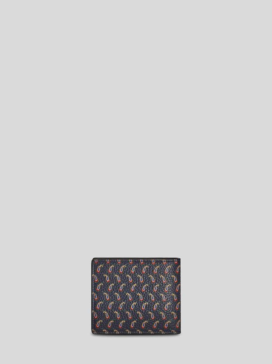 ETRO Micro-Paisley-Leder-Geldborse Mit Pegaso Navy Blau Geldborsen Und Kreditkartenetui