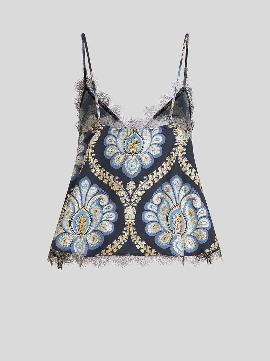 ETRO Bedrucktes Seidentop Mit Spitzendetails Navy Blau Oberteile