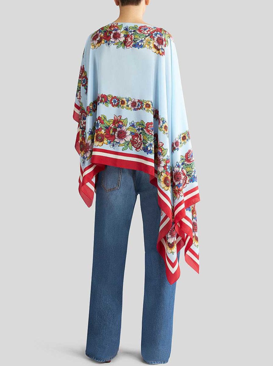 ETRO Bedruckter Seidenponcho Hellblau Umhange Und Ponchos