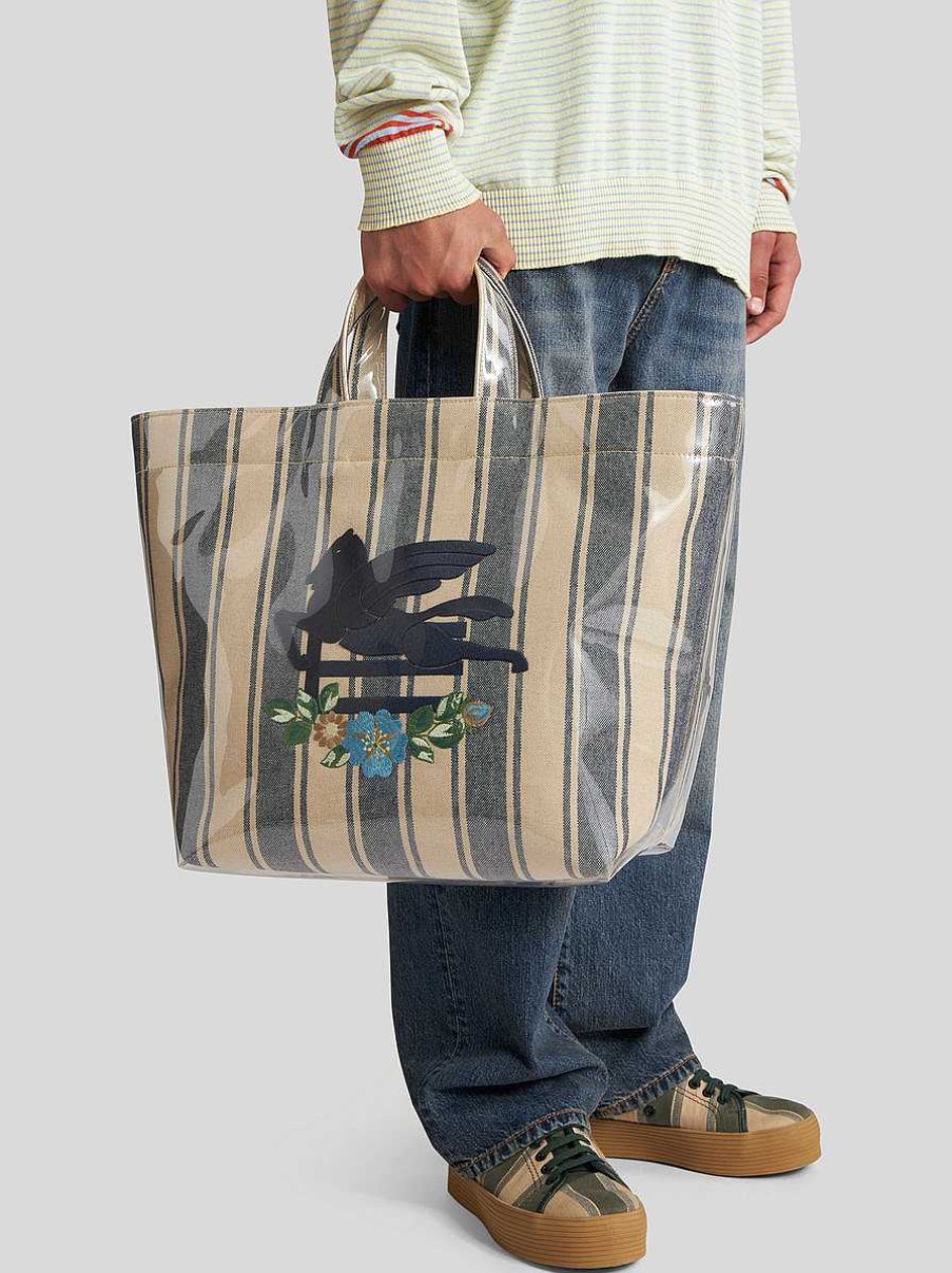 ETRO Grose Tragetasche Mit Spiegeleffekt Hellblau Einkaufstuten