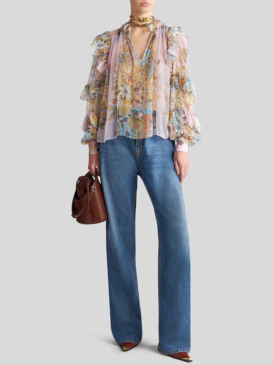 ETRO Bedruckte Seidenbluse Mit Ruschen Rosa Hemden Und Blusen