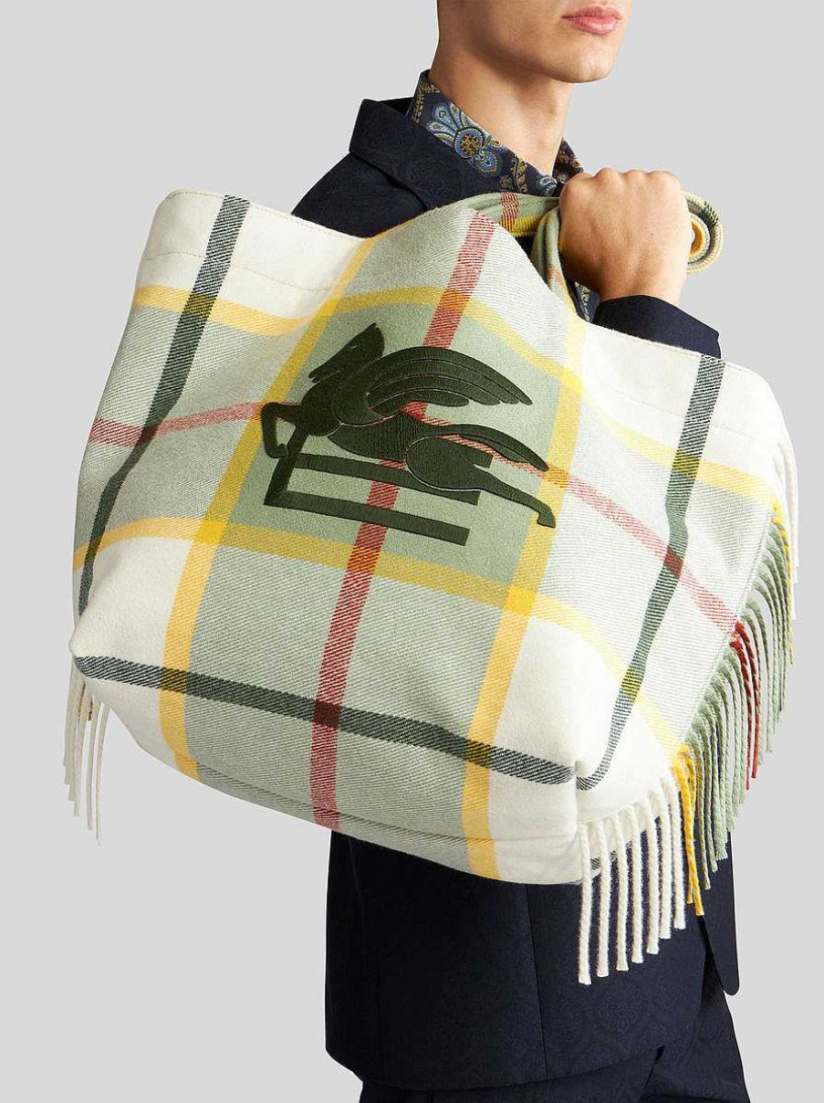 ETRO Grose, Karierte, Weiche Trotter-Tragetasche Aus Jacquard Mit Fransen Hellblau Einkaufstuten